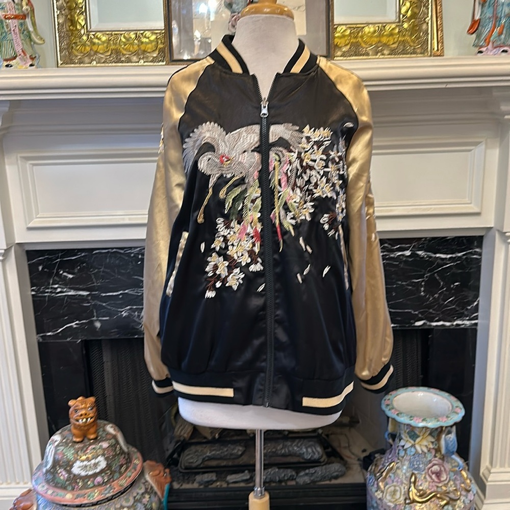 Embroidered Satin black & gold reversible bomber jacket